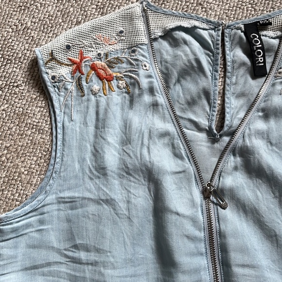 Embroidered Mesh Zip Up Short Chambray Romper Stretch Tie Up Pocket Denim Kawaii - Picture 10 of 10